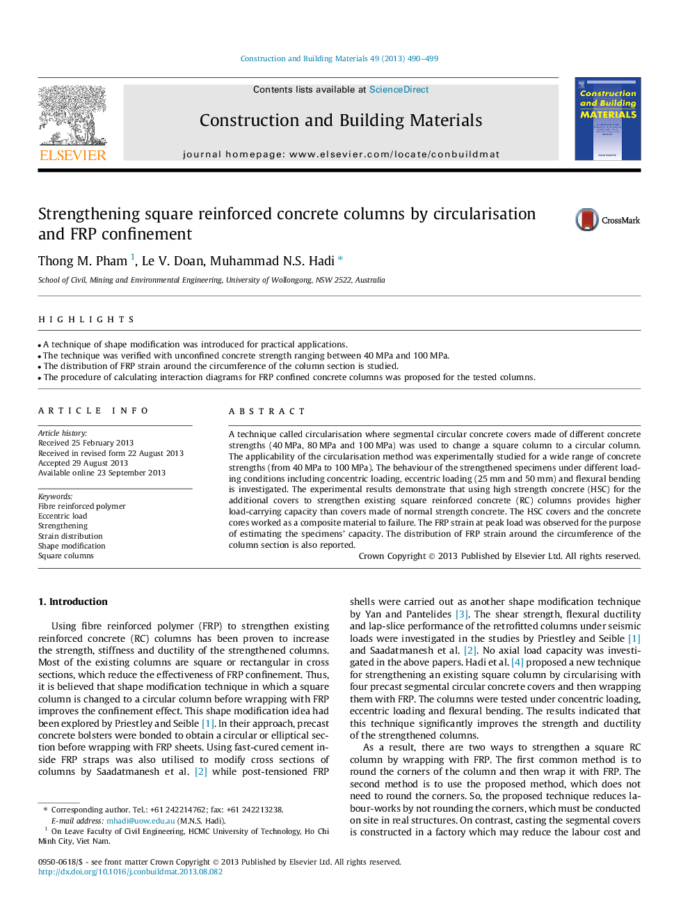 Strengthening square reinforced concrete columns by circularisation and FRP confinement