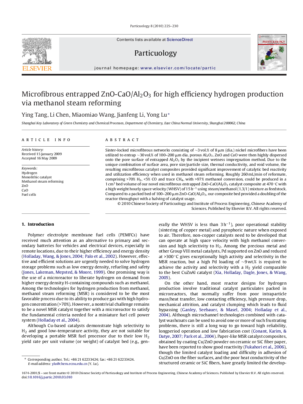 Microfibrous entrapped ZnO-CaO/Al2O3 for high efficiency hydrogen production via methanol steam reforming