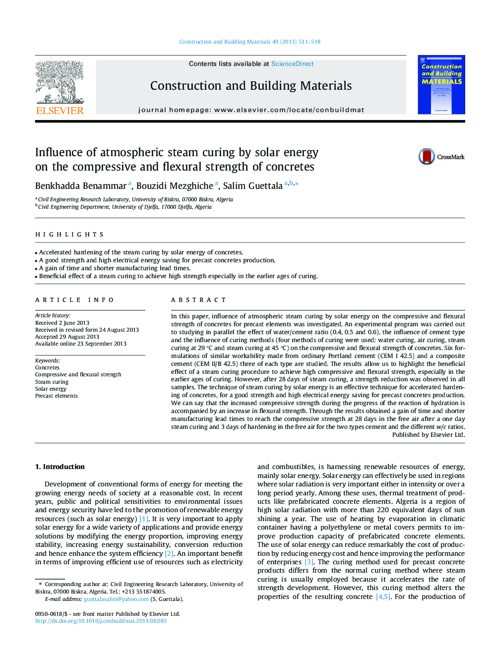 Influence of atmospheric steam curing by solar energy on the compressive and flexural strength of concretes