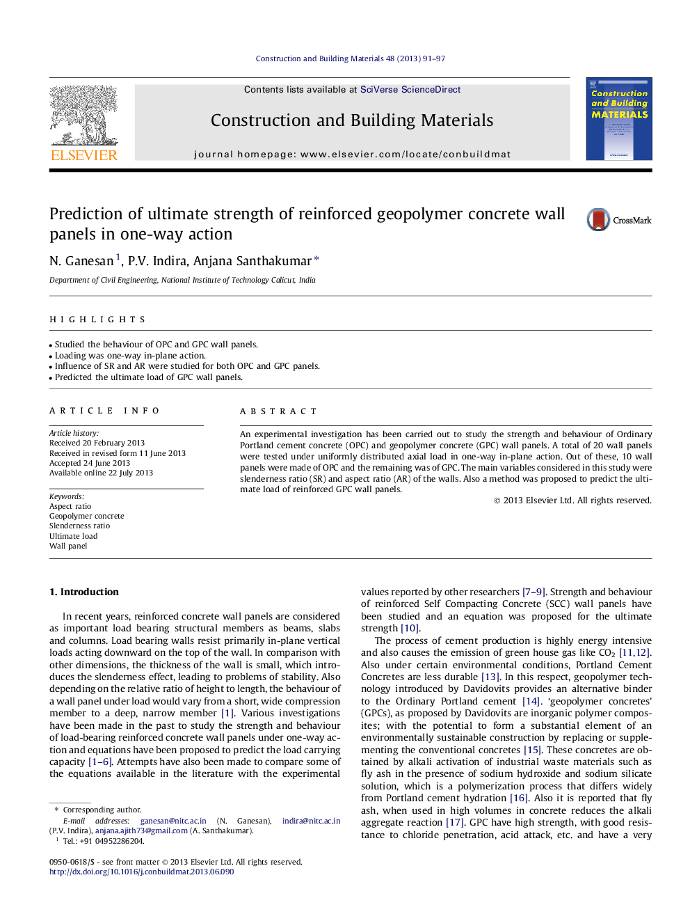 Prediction of ultimate strength of reinforced geopolymer concrete wall panels in one-way action