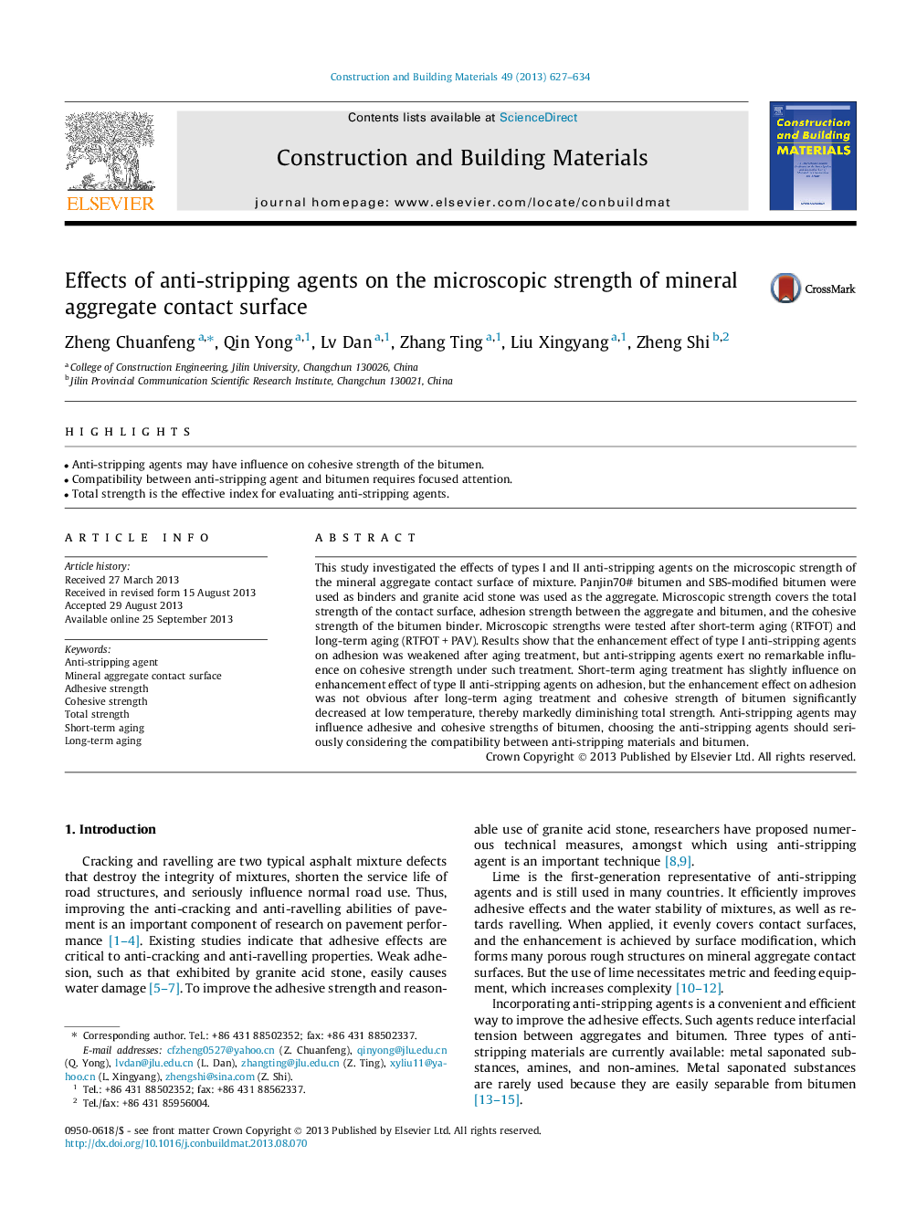 Effects of anti-stripping agents on the microscopic strength of mineral aggregate contact surface