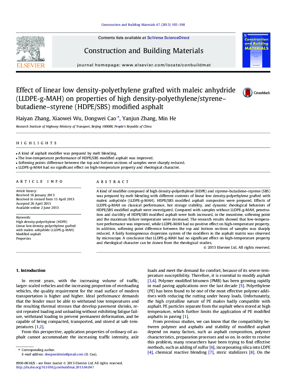 Effect of linear low density-polyethylene grafted with maleic anhydride (LLDPE-g-MAH) on properties of high density-polyethylene/styrene-butadiene-styrene (HDPE/SBS) modified asphalt