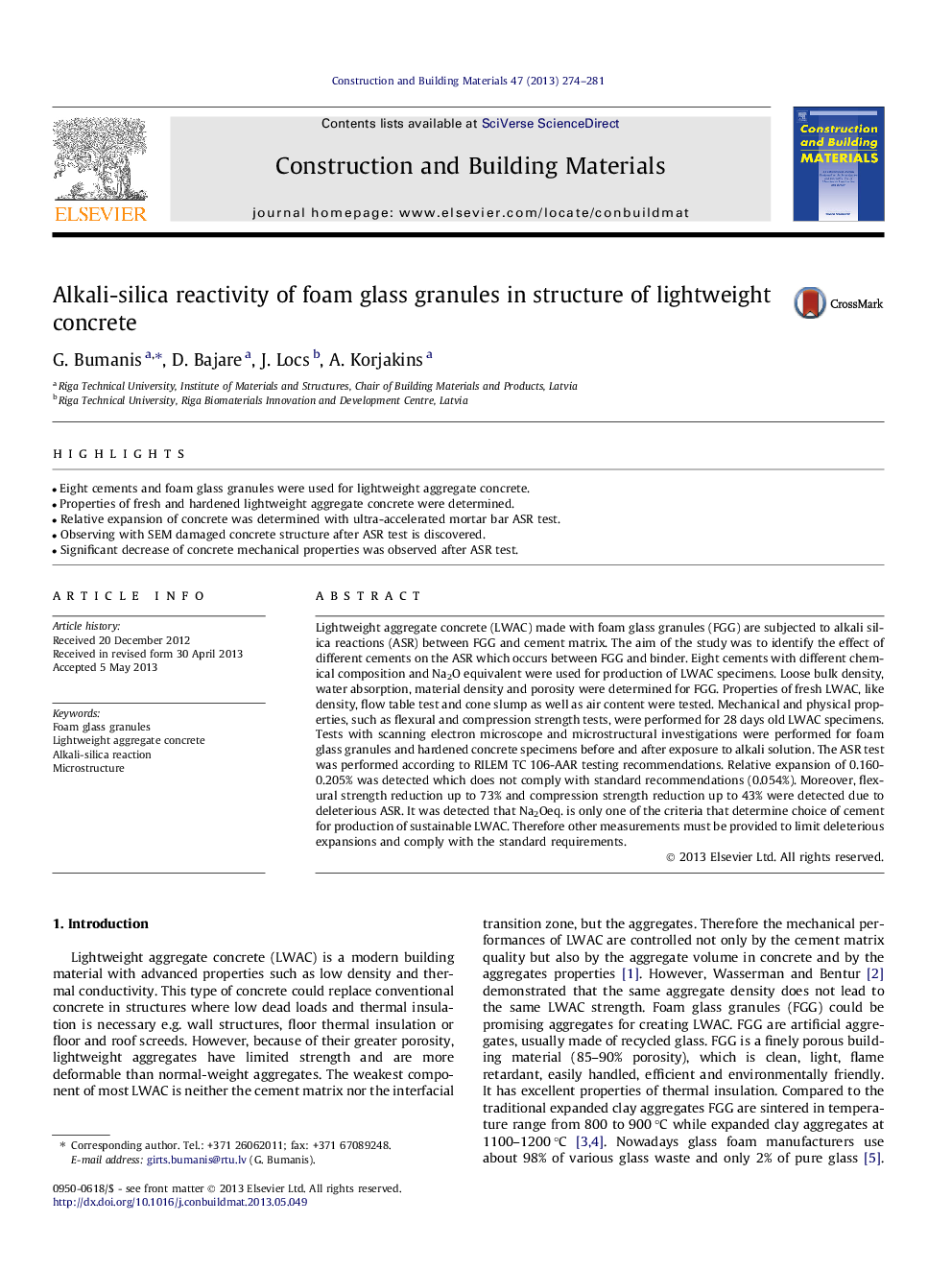 Alkali-silica reactivity of foam glass granules in structure of lightweight concrete