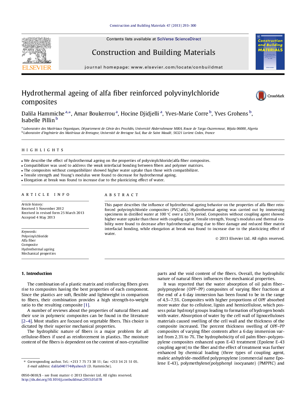 Hydrothermal ageing of alfa fiber reinforced polyvinylchloride composites