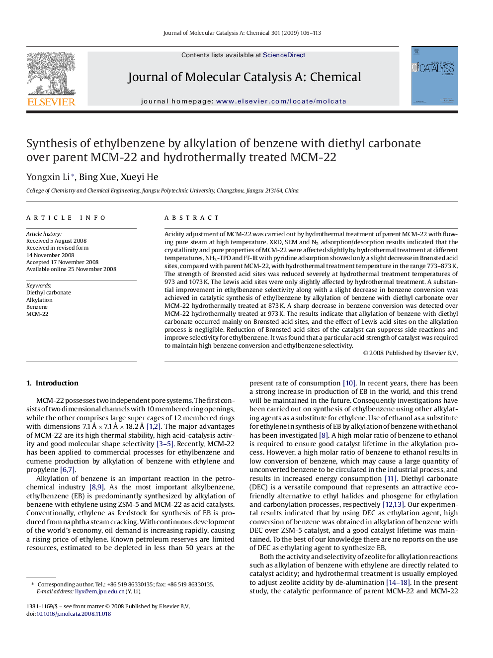 عکس صفحه اول مقاله: Synthesis of ethylbenzene by alkylation of benzene with diethyl carbonate over parent MCM-22 and hydrothermally treated MCM-22 Synthesis of ethylbenzene by alkylation of benzene with diethyl carbonate over parent MCM-22 and hydrothermally treated MCM-22