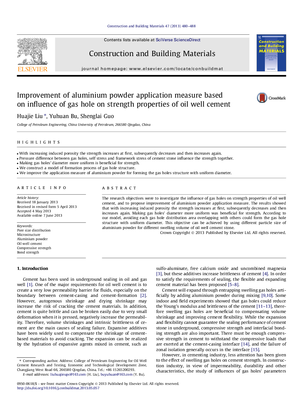 Improvement of aluminium powder application measure based on influence of gas hole on strength properties of oil well cement