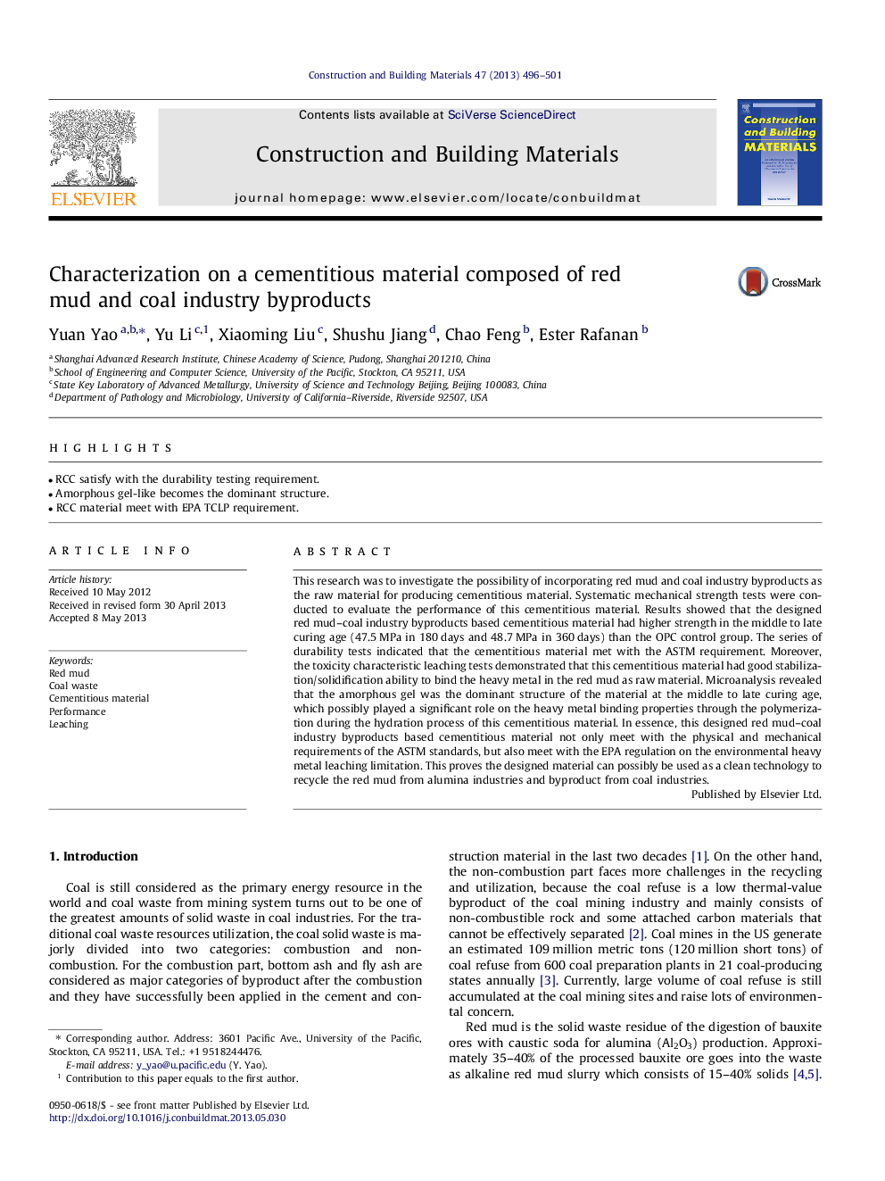 Characterization on a cementitious material composed of red mud and coal industry byproducts