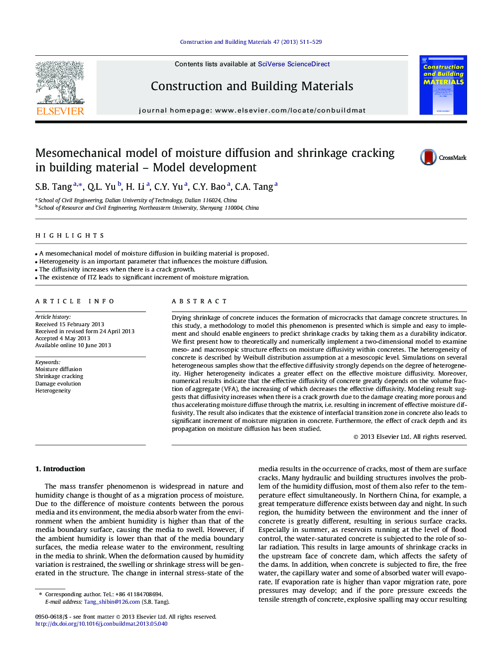 Mesomechanical model of moisture diffusion and shrinkage cracking in building material - Model development