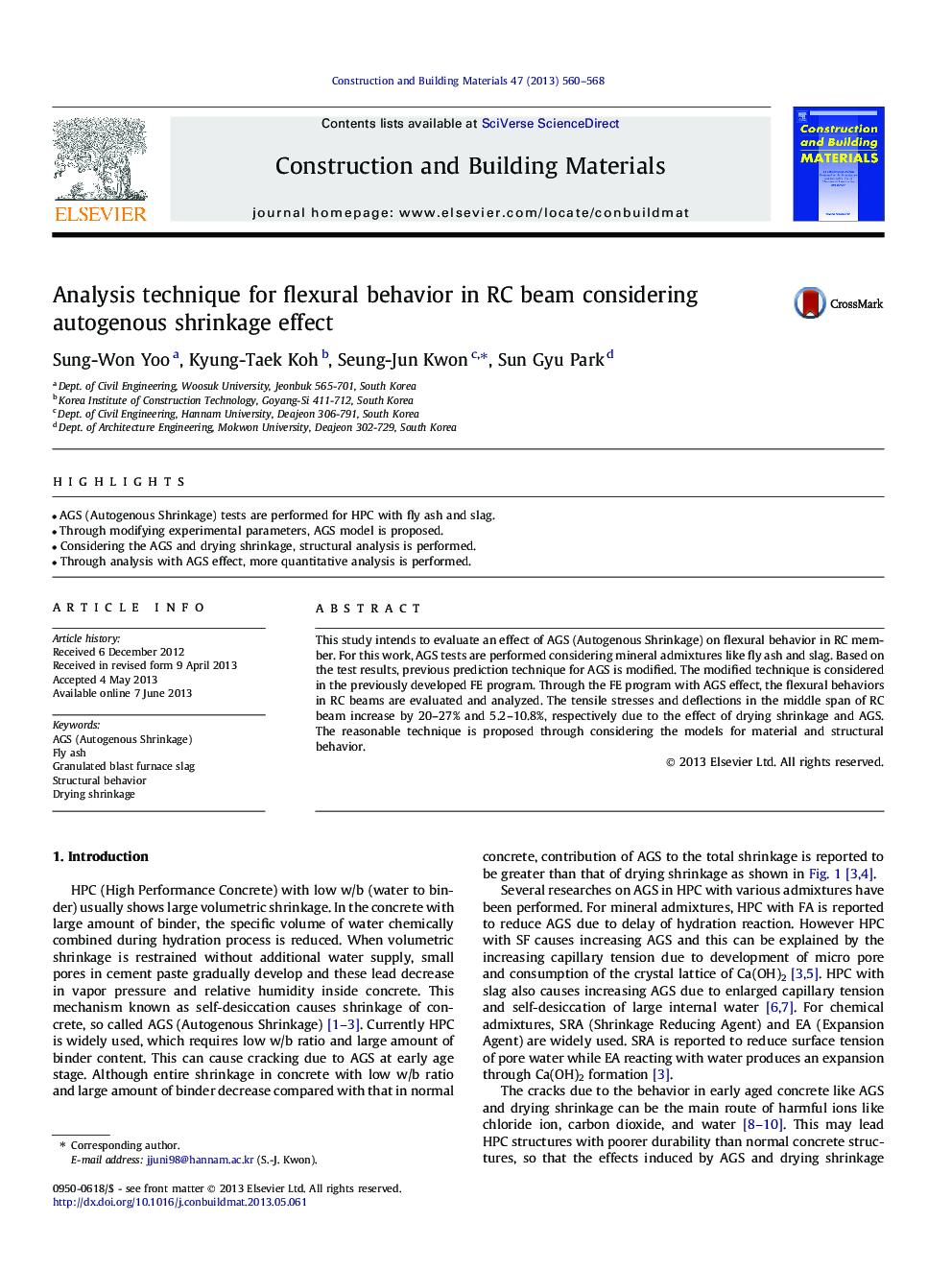 Analysis technique for flexural behavior in RC beam considering autogenous shrinkage effect