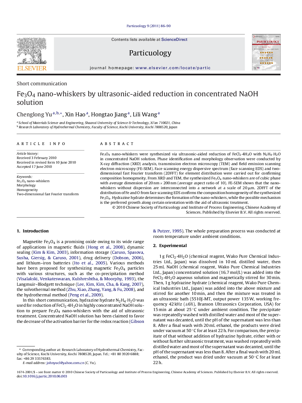 Fe3O4 nano-whiskers by ultrasonic-aided reduction in concentrated NaOH solution