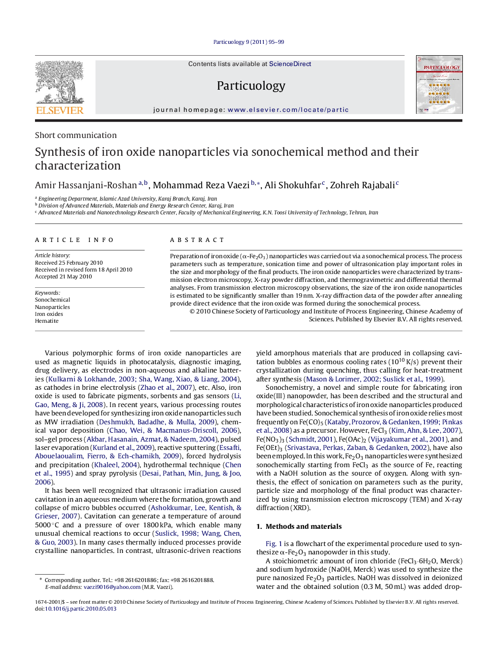 Synthesis of iron oxide nanoparticles via sonochemical method and their characterization