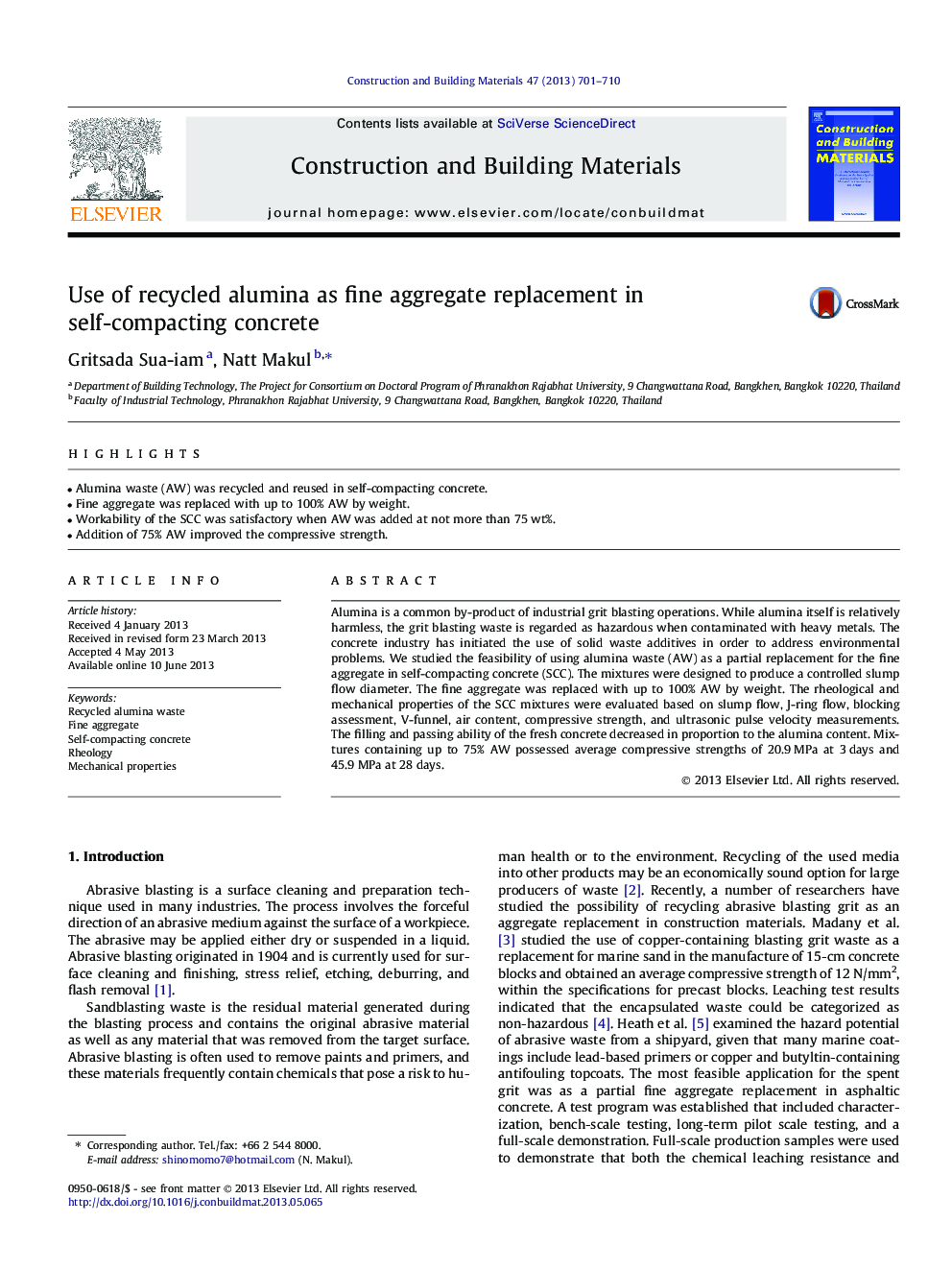 Use of recycled alumina as fine aggregate replacement in self-compacting concrete