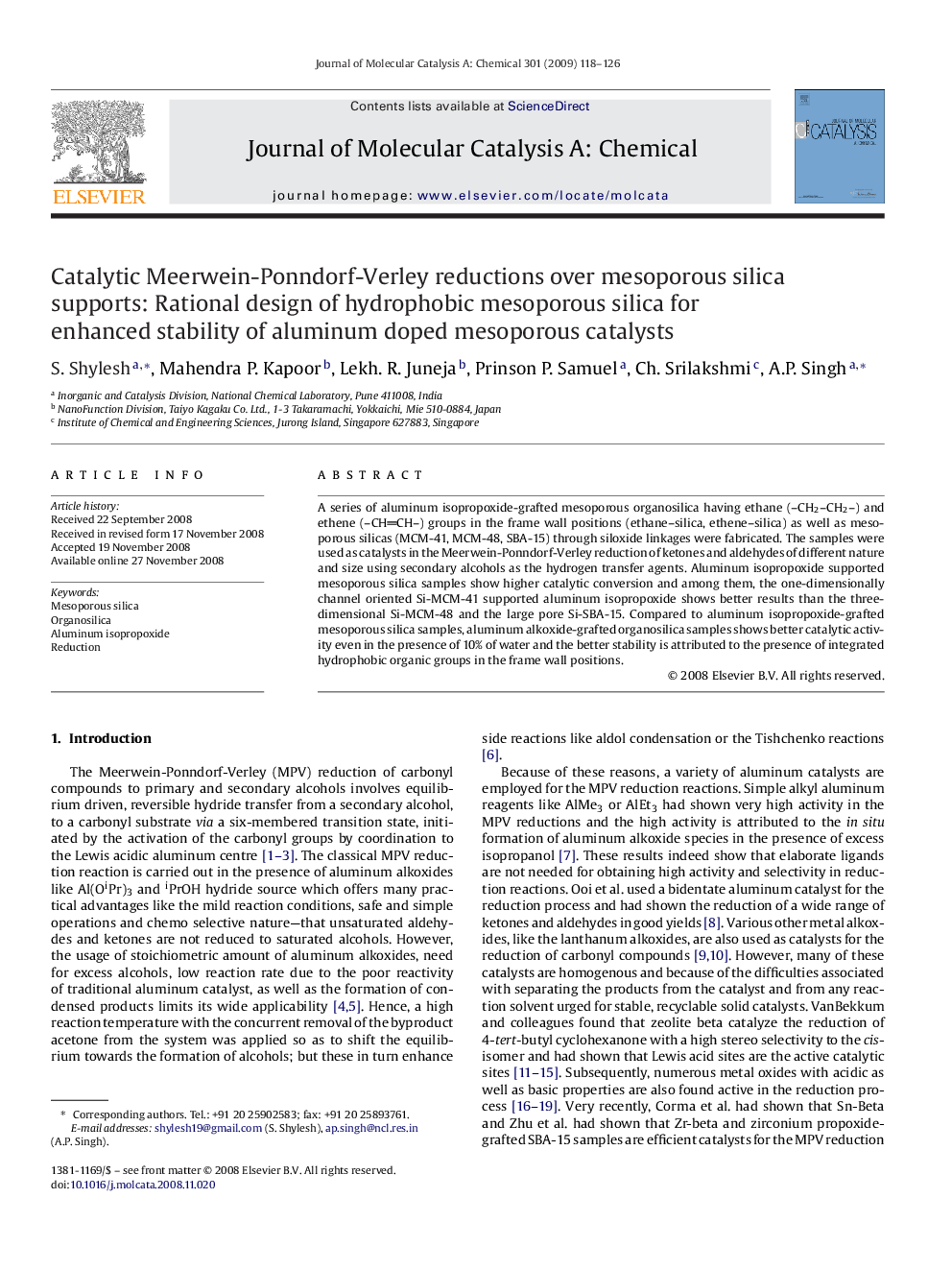 عکس صفحه اول مقاله: Catalytic Meerwein-Ponndorf-Verley reductions over mesoporous silica supports: Rational design of hydrophobic mesoporous silica for enhanced stability of aluminum doped mesoporous catalysts Catalytic Meerwein-Ponndorf-Verley reductions over mesoporous silica supports: Rational design of hydrophobic mesoporous silica for enhanced stability of aluminum doped mesoporous catalysts