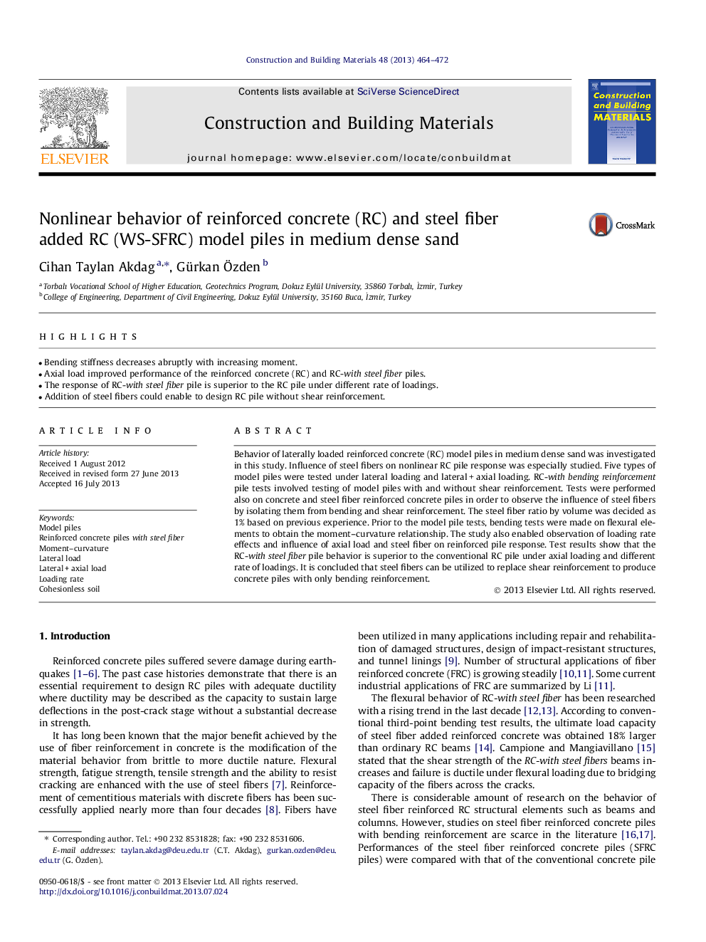 Nonlinear behavior of reinforced concrete (RC) and steel fiber added RC (WS-SFRC) model piles in medium dense sand