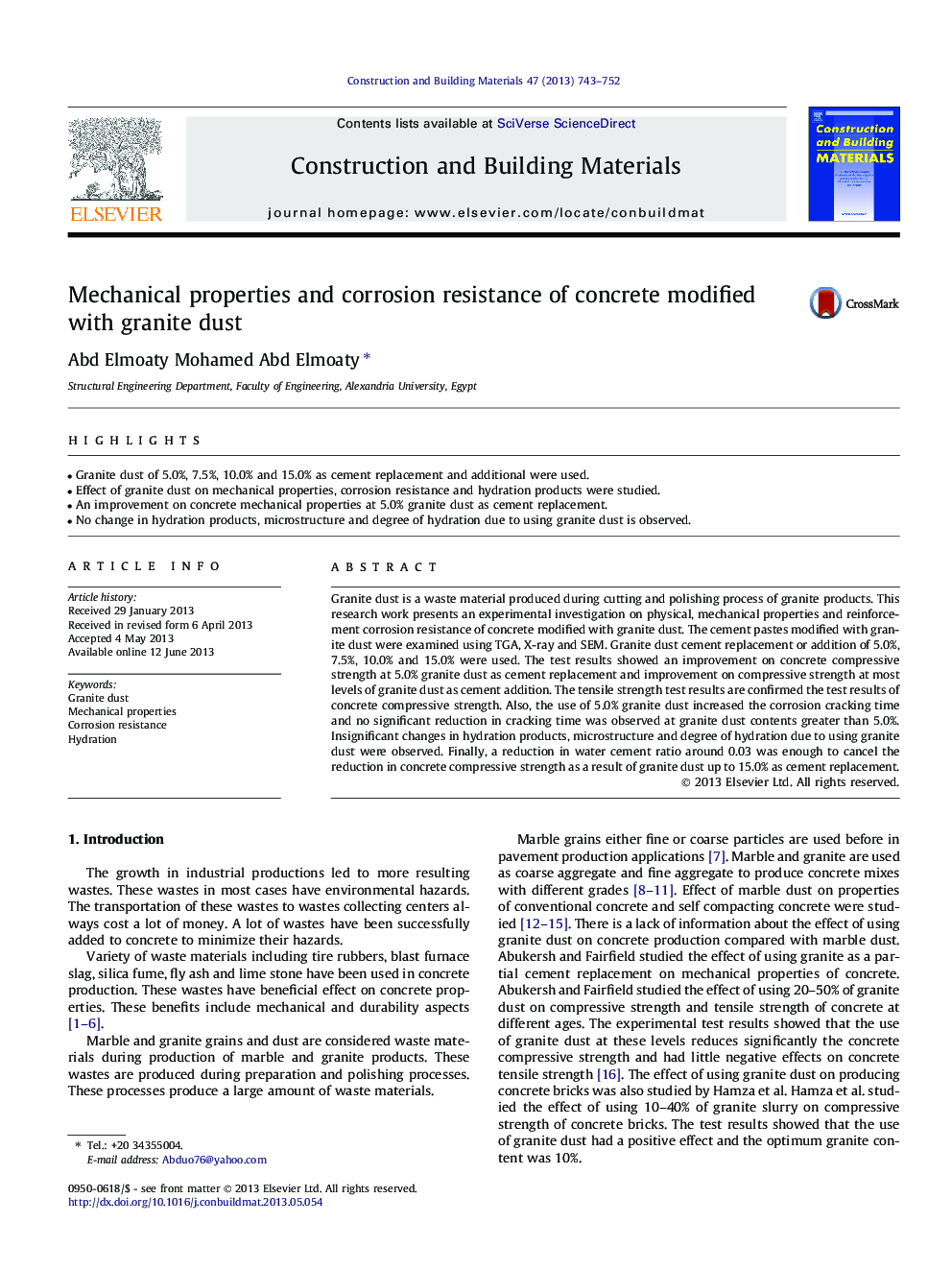 Mechanical properties and corrosion resistance of concrete modified with granite dust