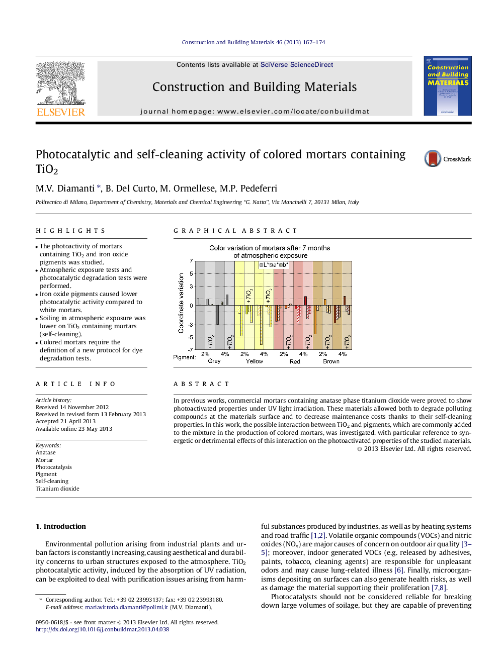 Photocatalytic and self-cleaning activity of colored mortars containing TiO2