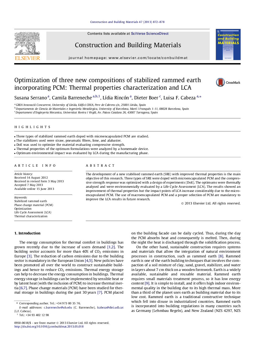 Optimization of three new compositions of stabilized rammed earth incorporating PCM: Thermal properties characterization and LCA