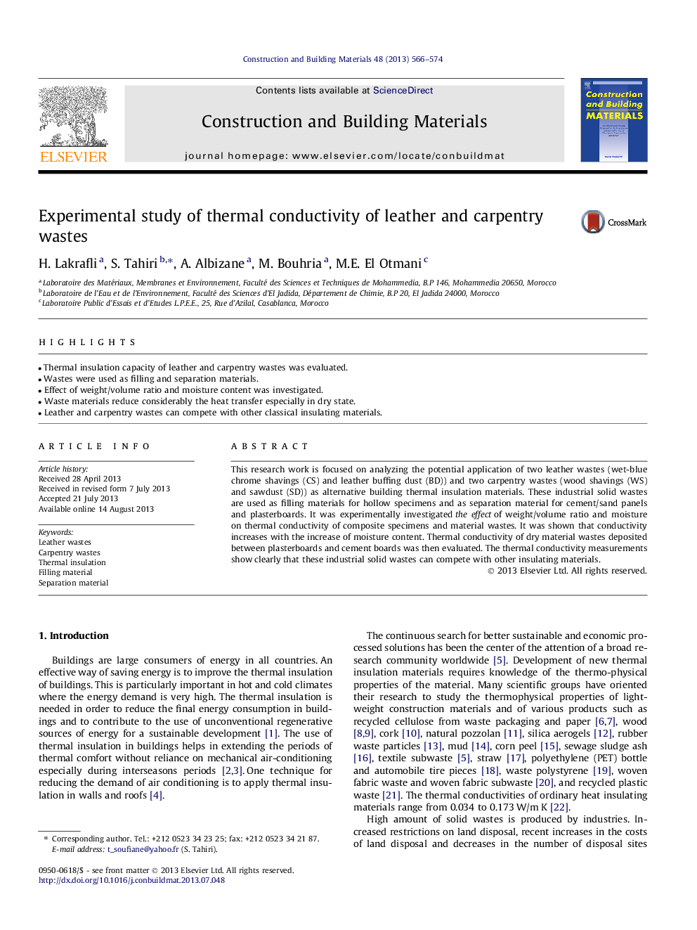 Experimental study of thermal conductivity of leather and carpentry wastes