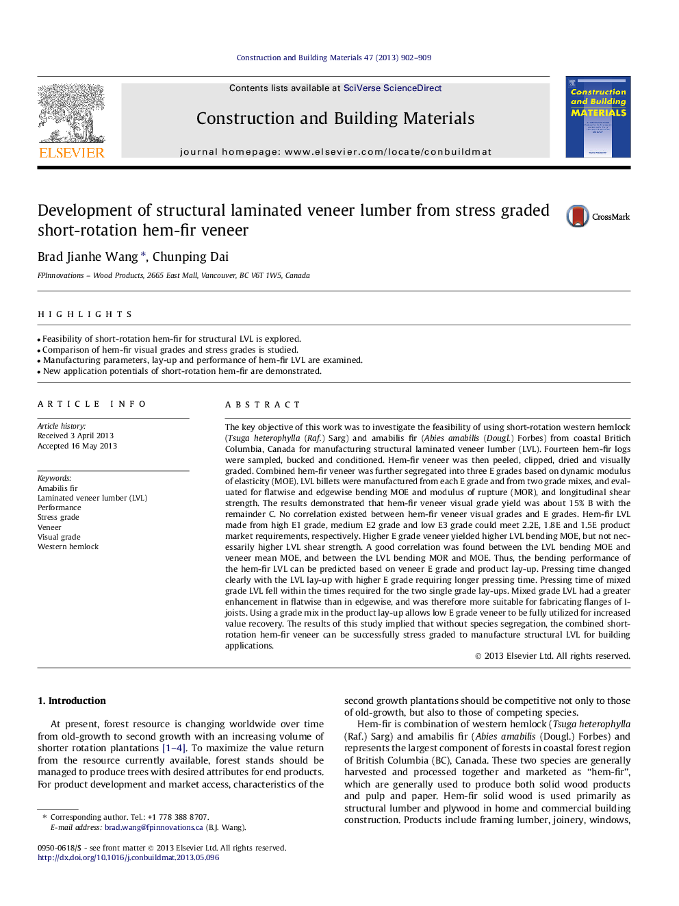 Development of structural laminated veneer lumber from stress graded short-rotation hem-fir veneer