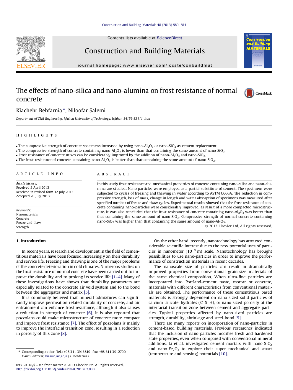 The effects of nano-silica and nano-alumina on frost resistance of normal concrete