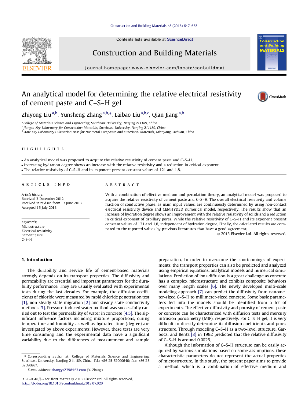 An analytical model for determining the relative electrical resistivity of cement paste and C-S-H gel