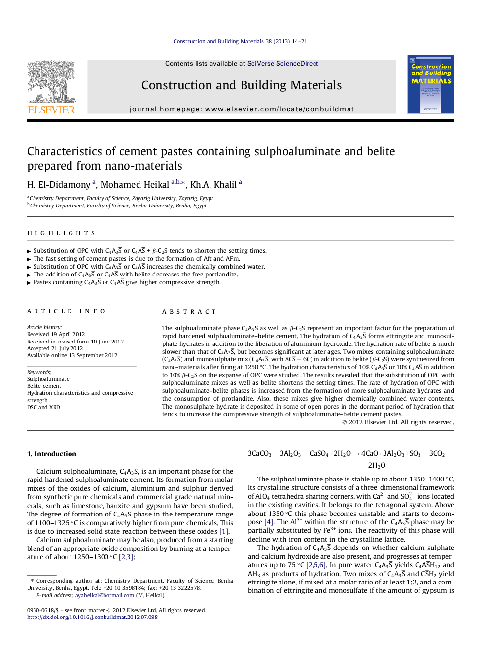 Characteristics of cement pastes containing sulphoaluminate and belite prepared from nano-materials