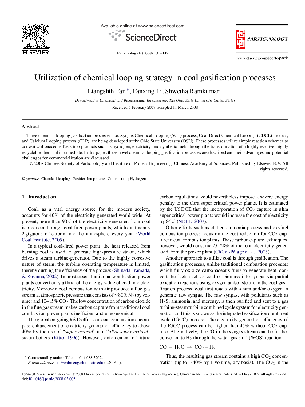 Utilization of chemical looping strategy in coal gasification processes