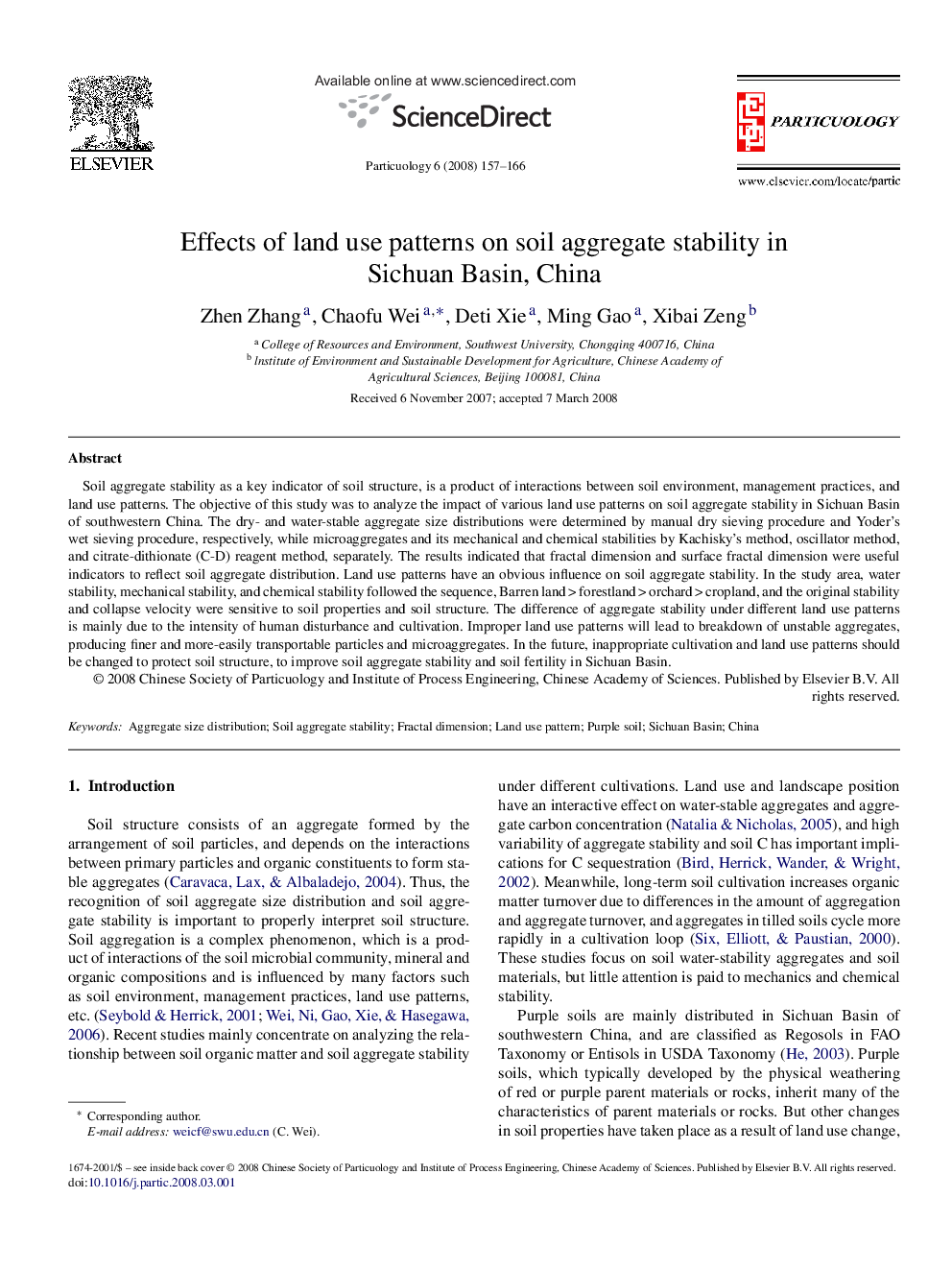 Effects of land use patterns on soil aggregate stability in Sichuan Basin, China