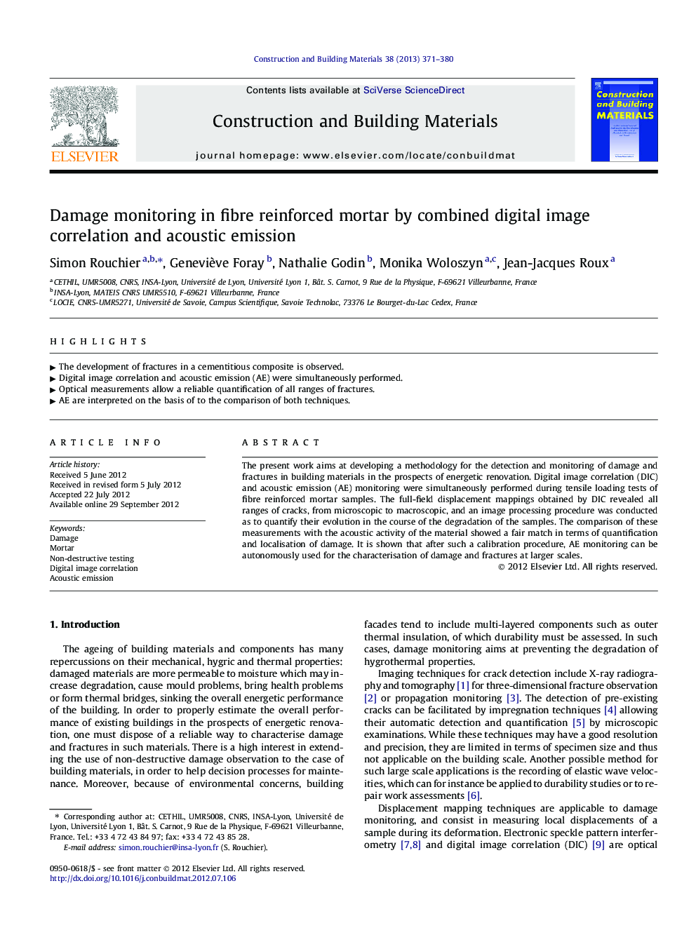 Damage monitoring in fibre reinforced mortar by combined digital image correlation and acoustic emission