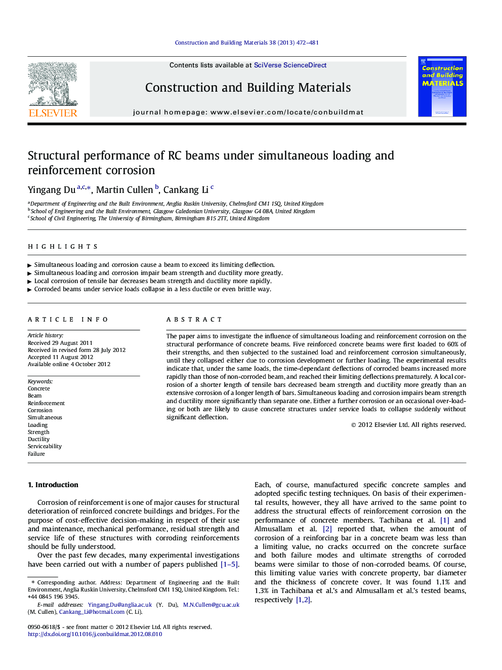 Structural performance of RC beams under simultaneous loading and reinforcement corrosion