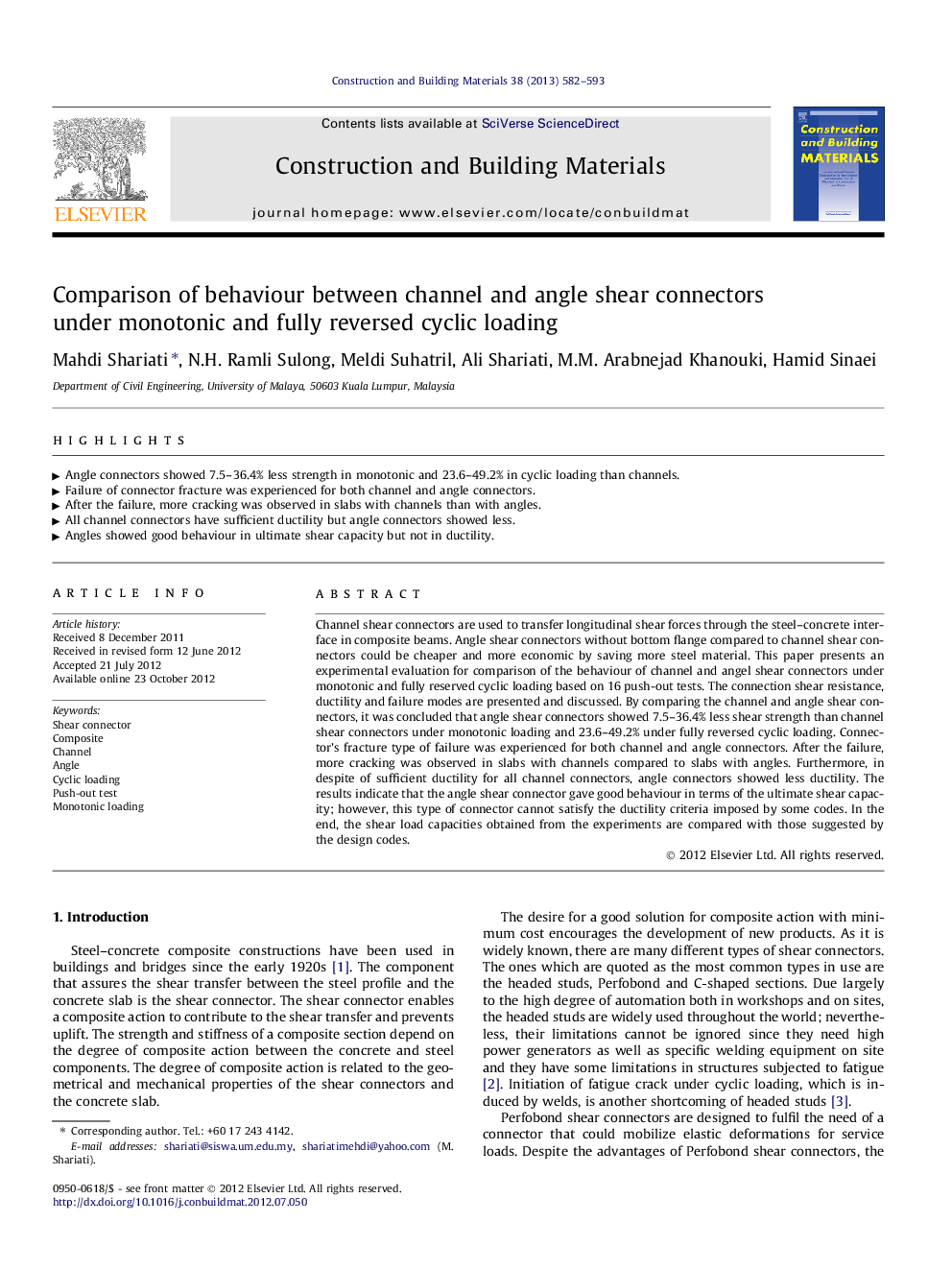 Comparison of behaviour between channel and angle shear connectors under monotonic and fully reversed cyclic loading