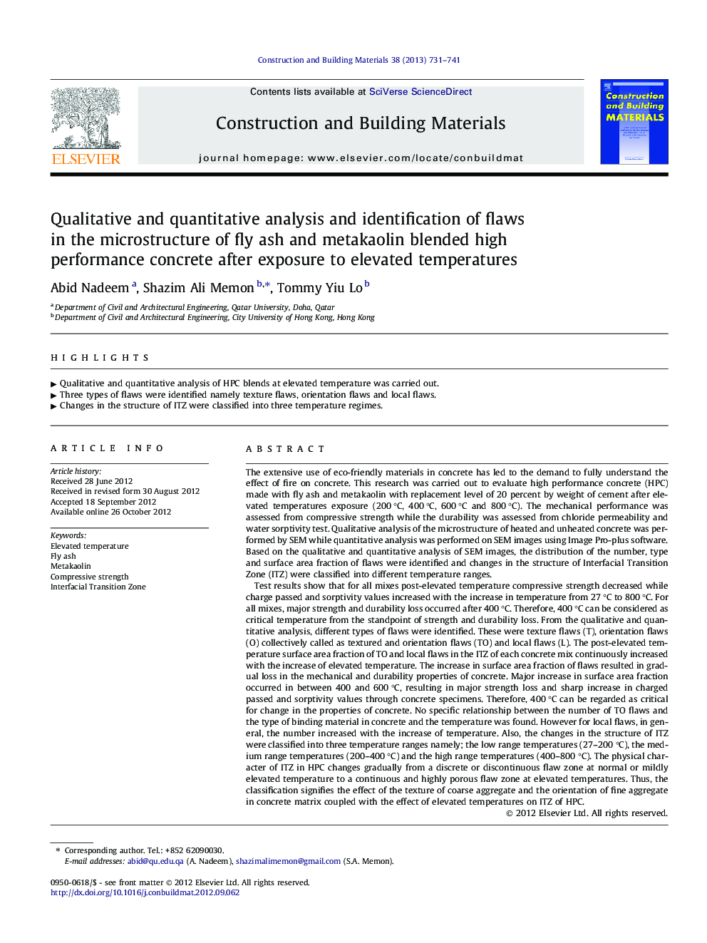 Qualitative and quantitative analysis and identification of flaws in the microstructure of fly ash and metakaolin blended high performance concrete after exposure to elevated temperatures