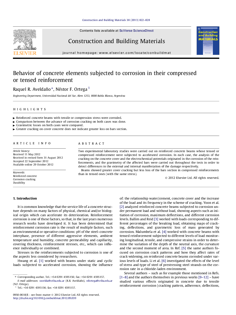 Behavior of concrete elements subjected to corrosion in their compressed or tensed reinforcement