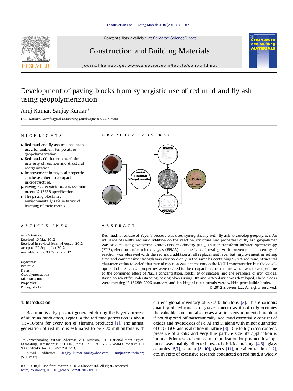 Development of paving blocks from synergistic use of red mud and fly ash using geopolymerization