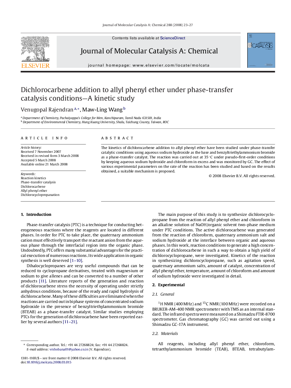 Dichlorocarbene addition to allyl phenyl ether under phase-transfer catalysis conditions—A kinetic study