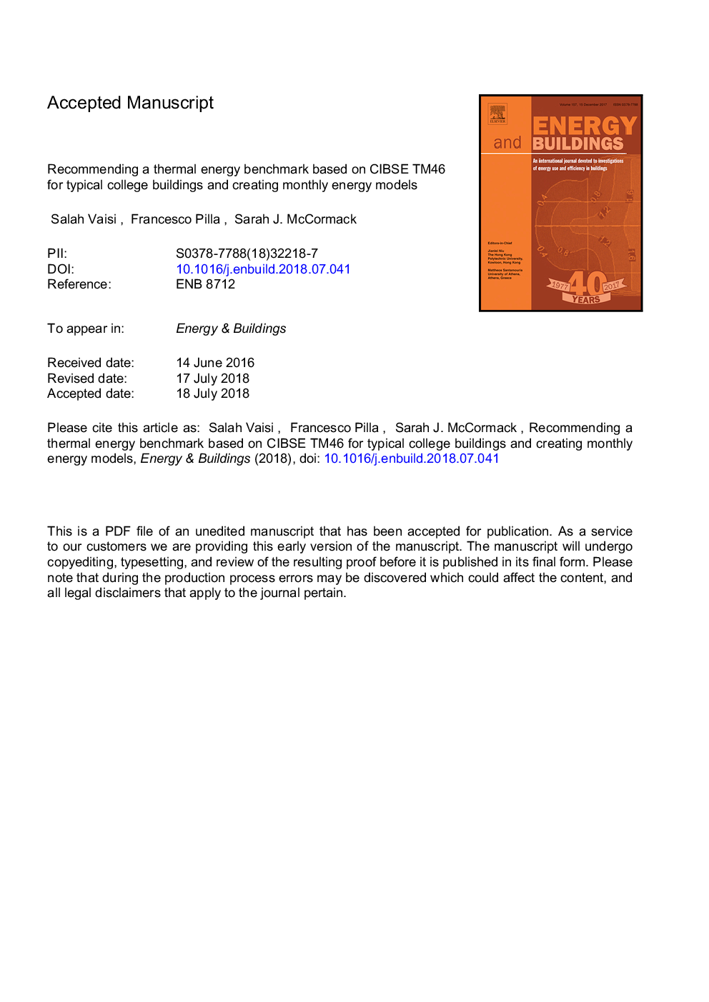 Recommending a thermal energy benchmark based on CIBSE TM46 for typical college buildings and creating monthly energy models