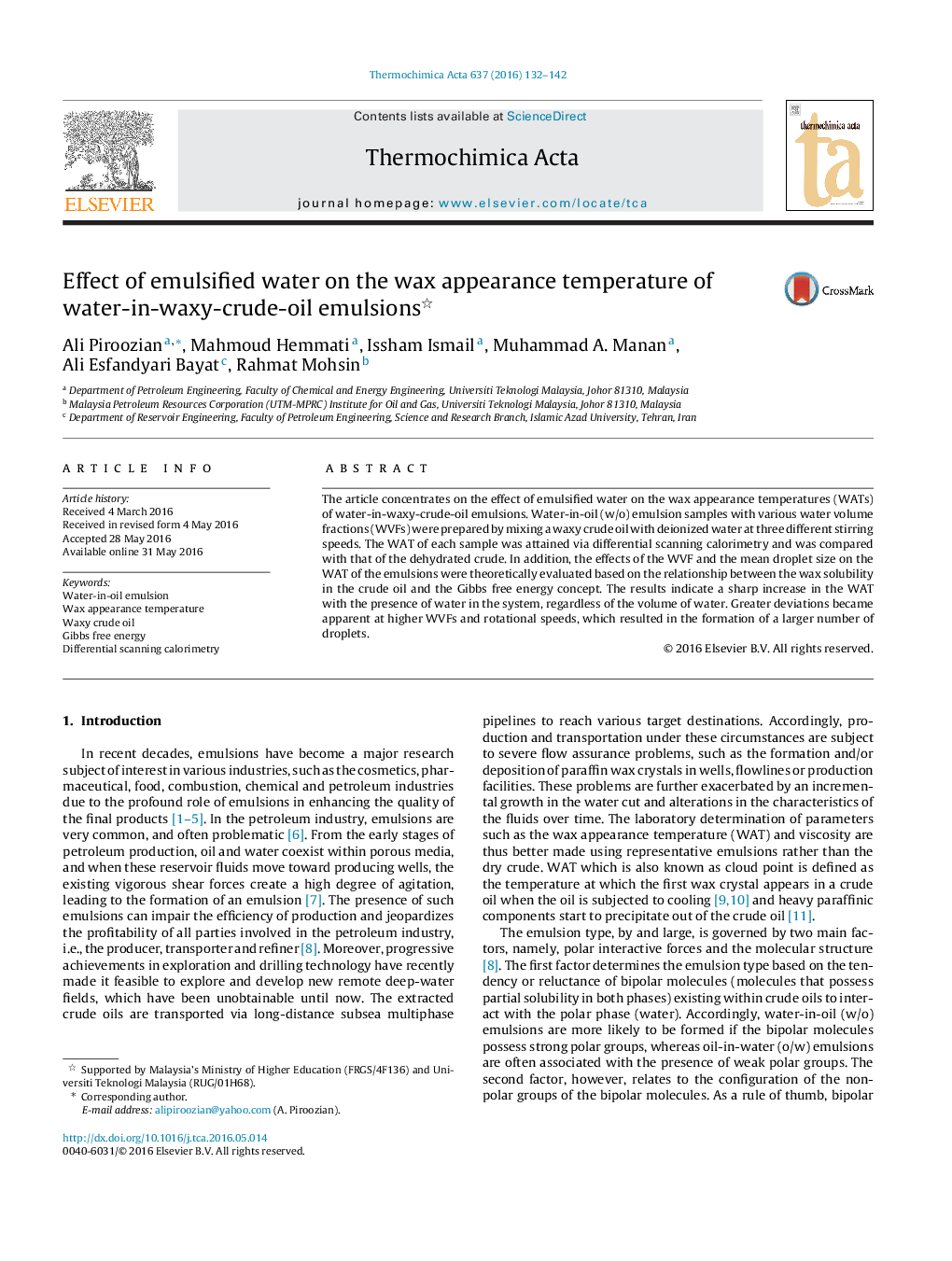 Effect of emulsified water on the wax appearance temperature of water-in-waxy-crude-oil emulsions 