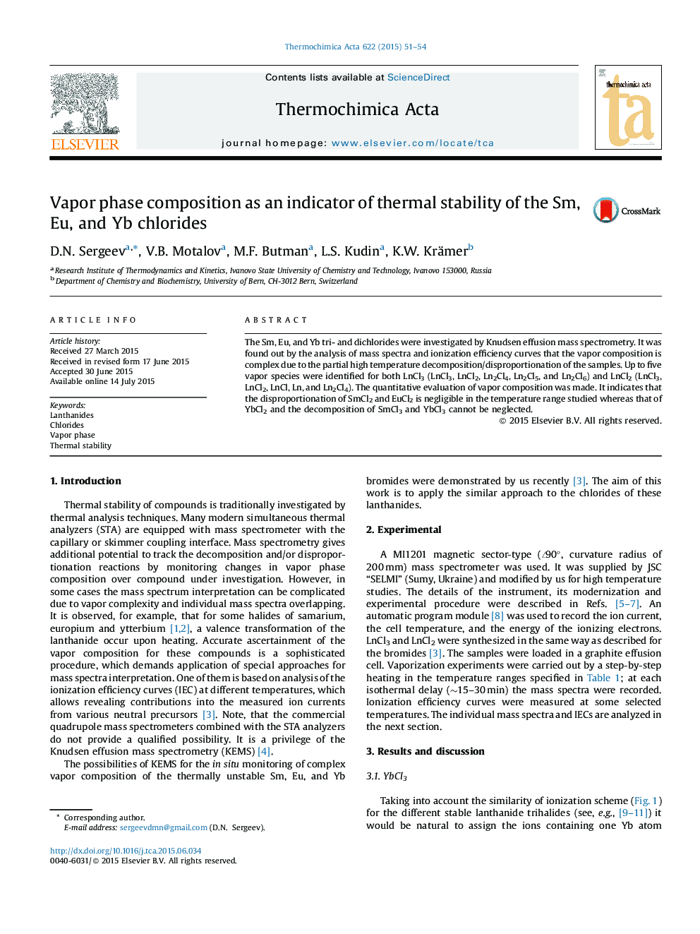 Vapor phase composition as an indicator of thermal stability of the Sm, Eu, and Yb chlorides