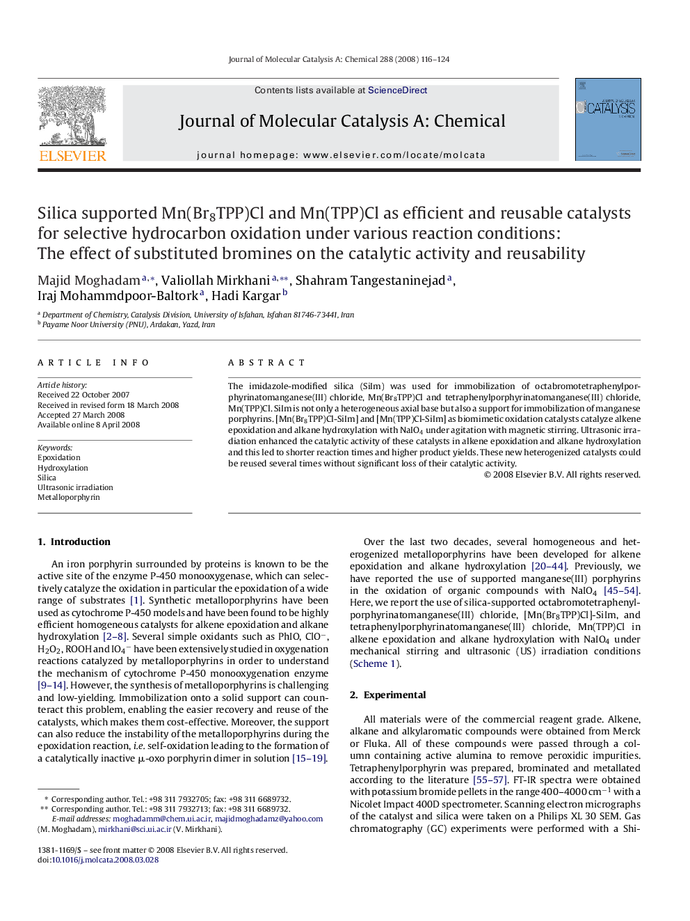 Silica supported Mn(Br8TPP)Cl and Mn(TPP)Cl as efficient and reusable catalysts for selective hydrocarbon oxidation under various reaction conditions: The effect of substituted bromines on the catalytic activity and reusability