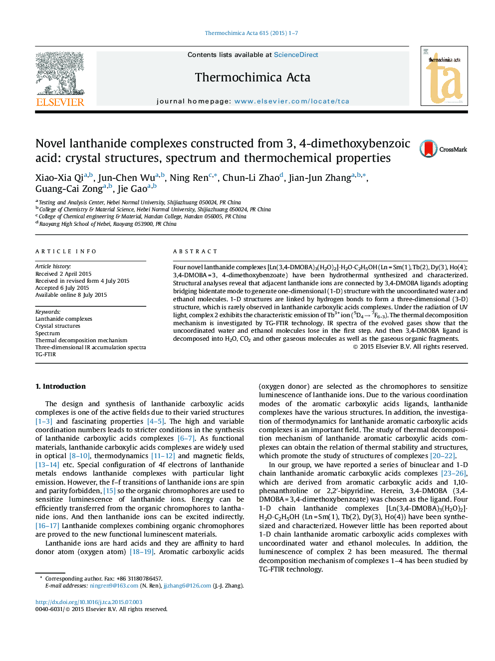 Novel lanthanide complexes constructed from 3, 4-dimethoxybenzoic acid: crystal structures, spectrum and thermochemical properties