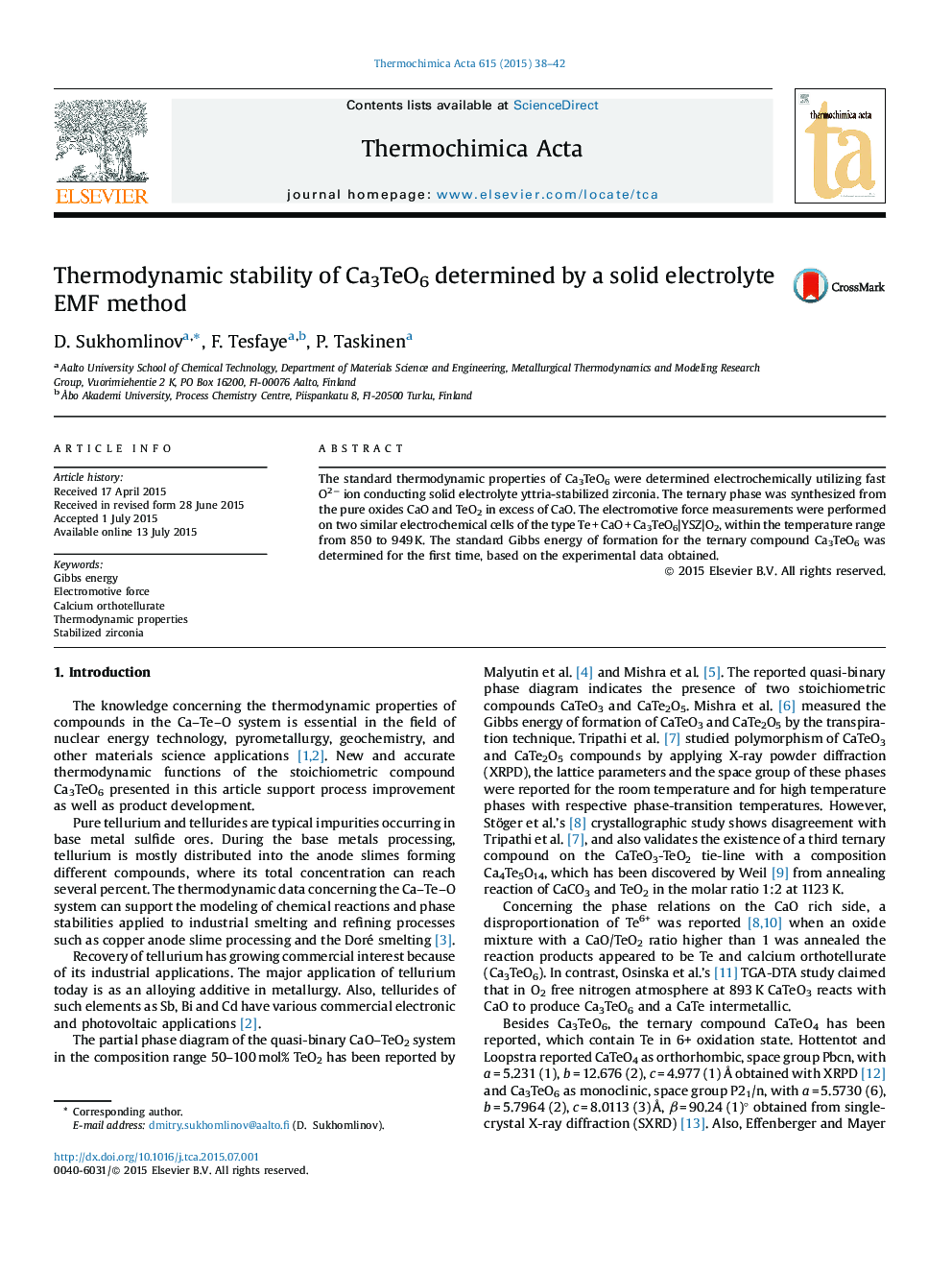 Thermodynamic stability of Ca3TeO6 determined by a solid electrolyte EMF method