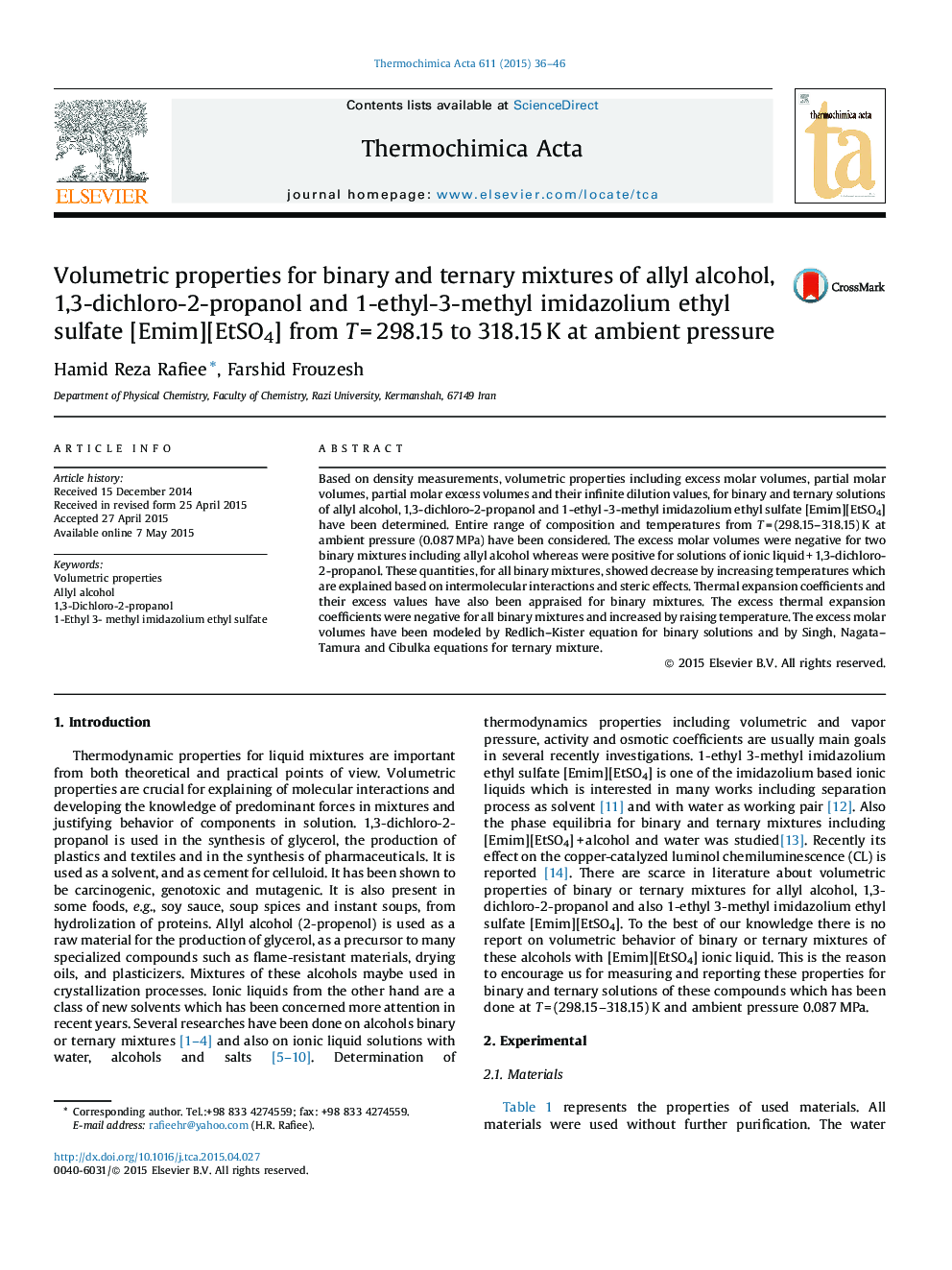 Volumetric properties for binary and ternary mixtures of allyl alcohol, 1,3-dichloro-2-propanol and 1-ethyl-3-methyl imidazolium ethyl sulfate [Emim][EtSO4] from T = 298.15 to 318.15 K at ambient pressure