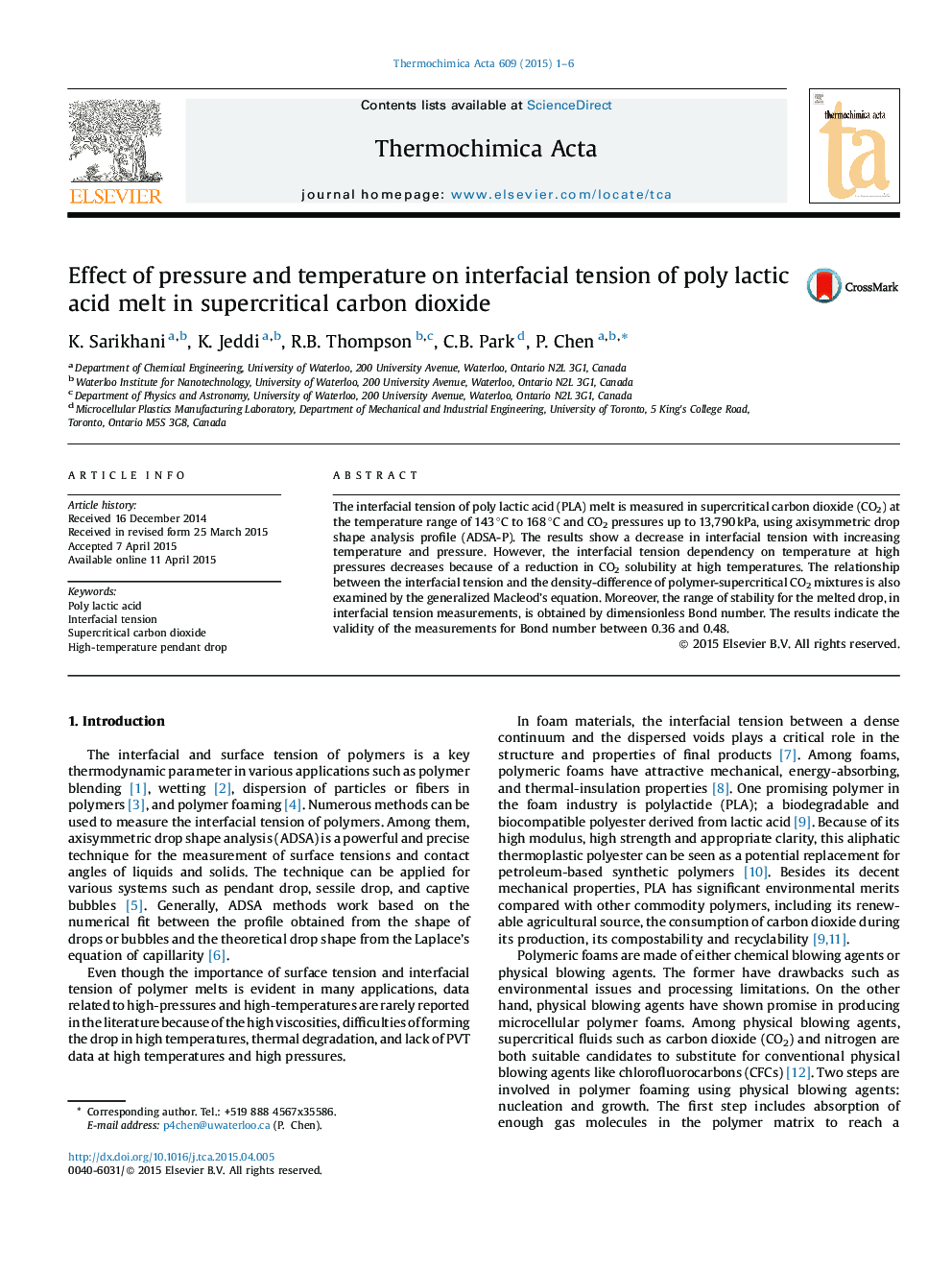 Effect of pressure and temperature on interfacial tension of poly lactic acid melt in supercritical carbon dioxide