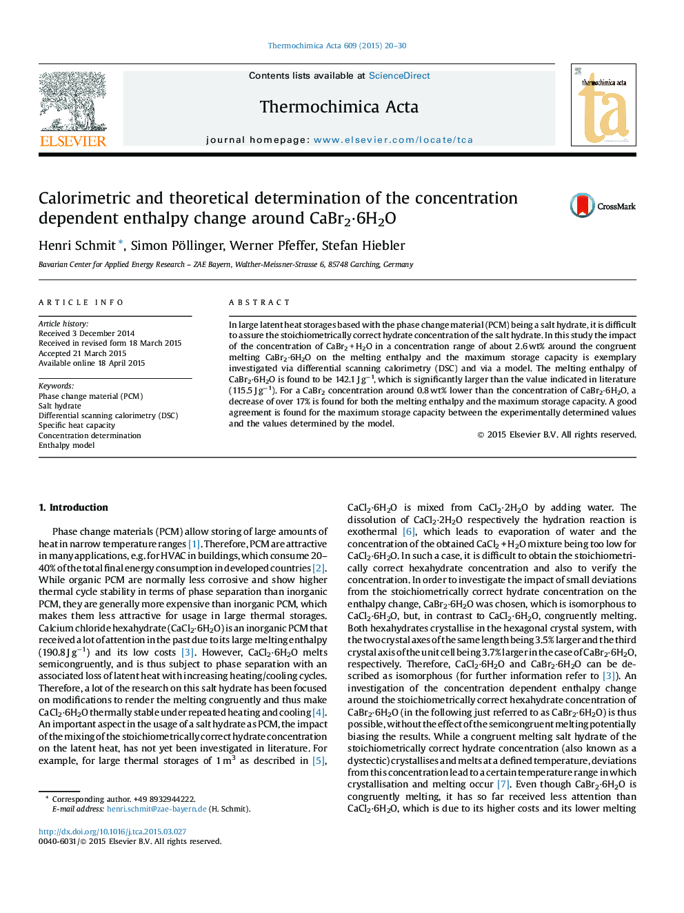 Calorimetric and theoretical determination of the concentration dependent enthalpy change around CaBr2Â·6H2O