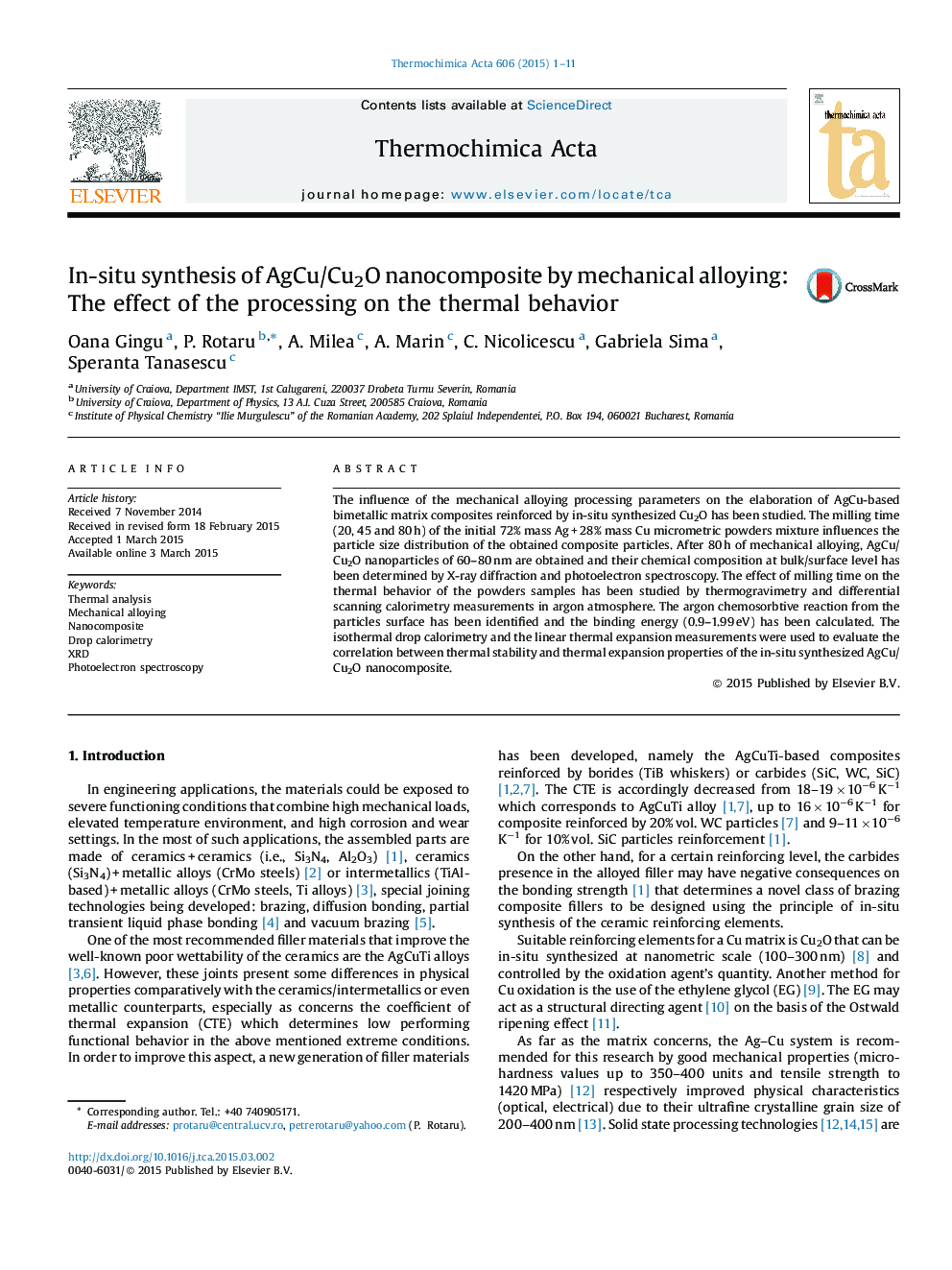 In-situ synthesis of AgCu/Cu2O nanocomposite by mechanical alloying: The effect of the processing on the thermal behavior