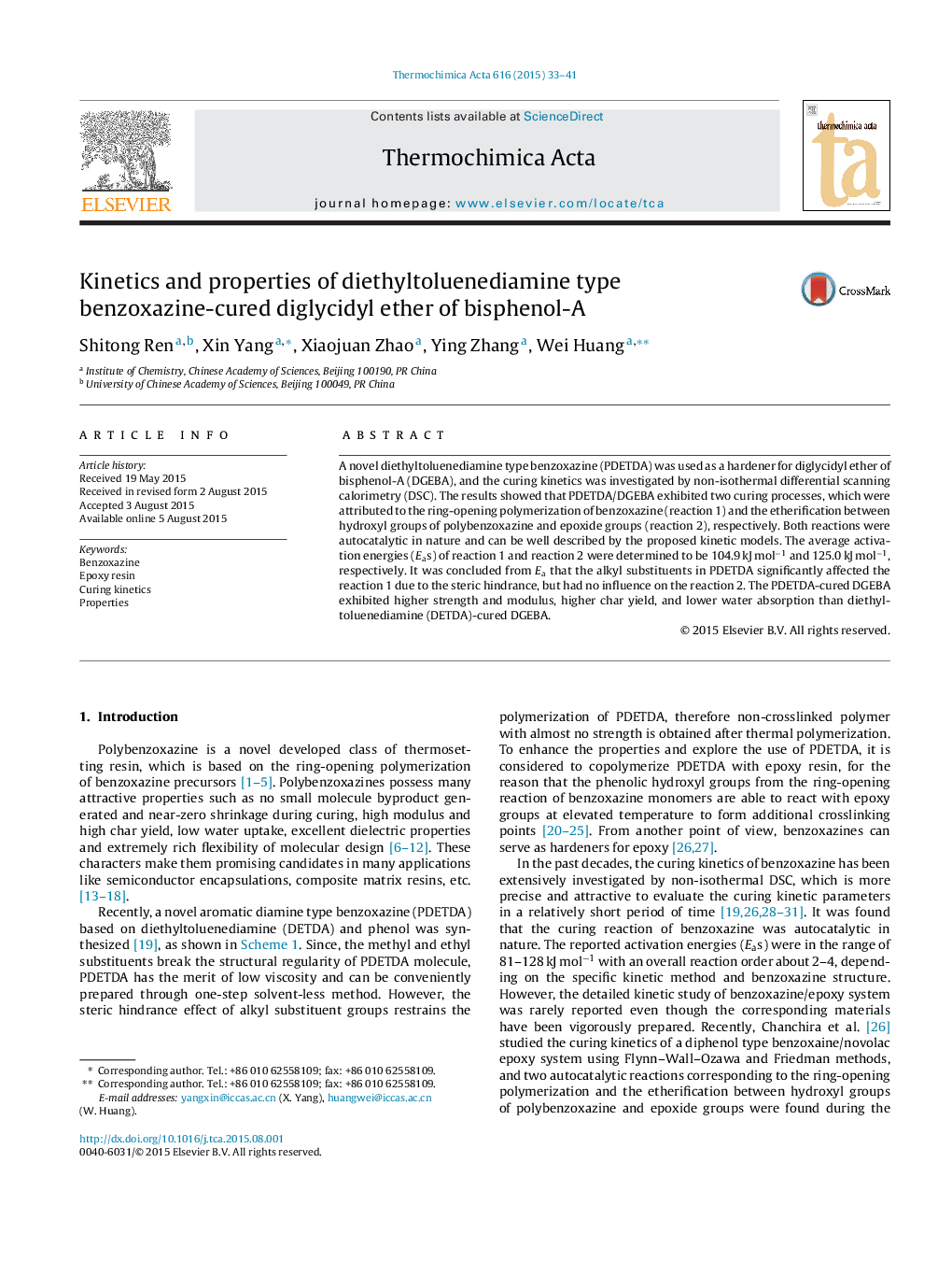 عکس صفحه اول مقاله: Kinetics and properties of diethyltoluenediamine type benzoxazine-cured diglycidyl ether of bisphenol-A Kinetics and properties of diethyltoluenediamine type benzoxazine-cured diglycidyl ether of bisphenol-A