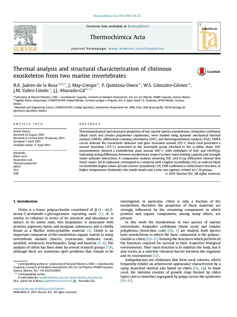 Thermal analysis and structural characterization of chitinous exoskeleton from two marine invertebrates