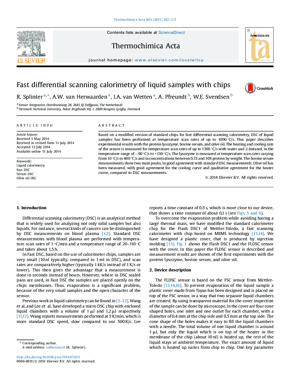 Fast differential scanning calorimetry of liquid samples with chips