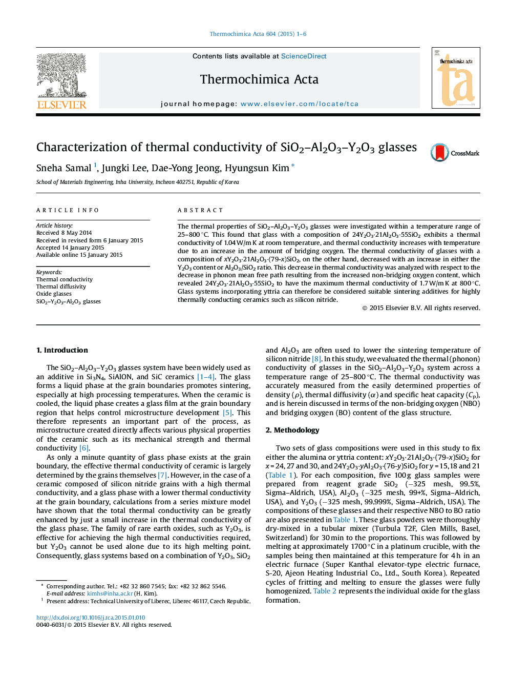 Characterization of thermal conductivity of SiO2–Al2O3–Y2O3 glasses