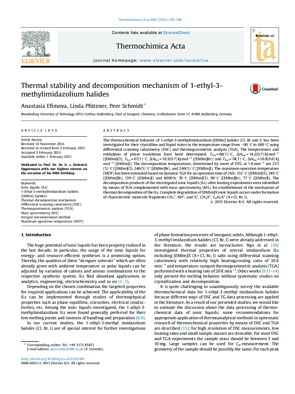 Thermal stability and decomposition mechanism of 1-ethyl-3-methylimidazolium halides